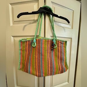 Catstudio Colorful Striped Boho Tote with Rope Handles & Yellow Floral Interior